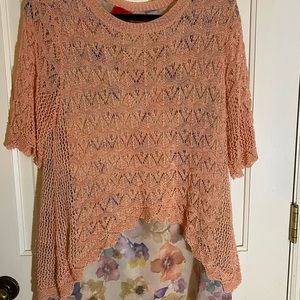 Coral and print top. Sweater knit over print.
